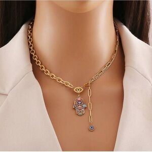 Gold Plated Stainless Steel Hamsa Hand & Evil Eye Necklace